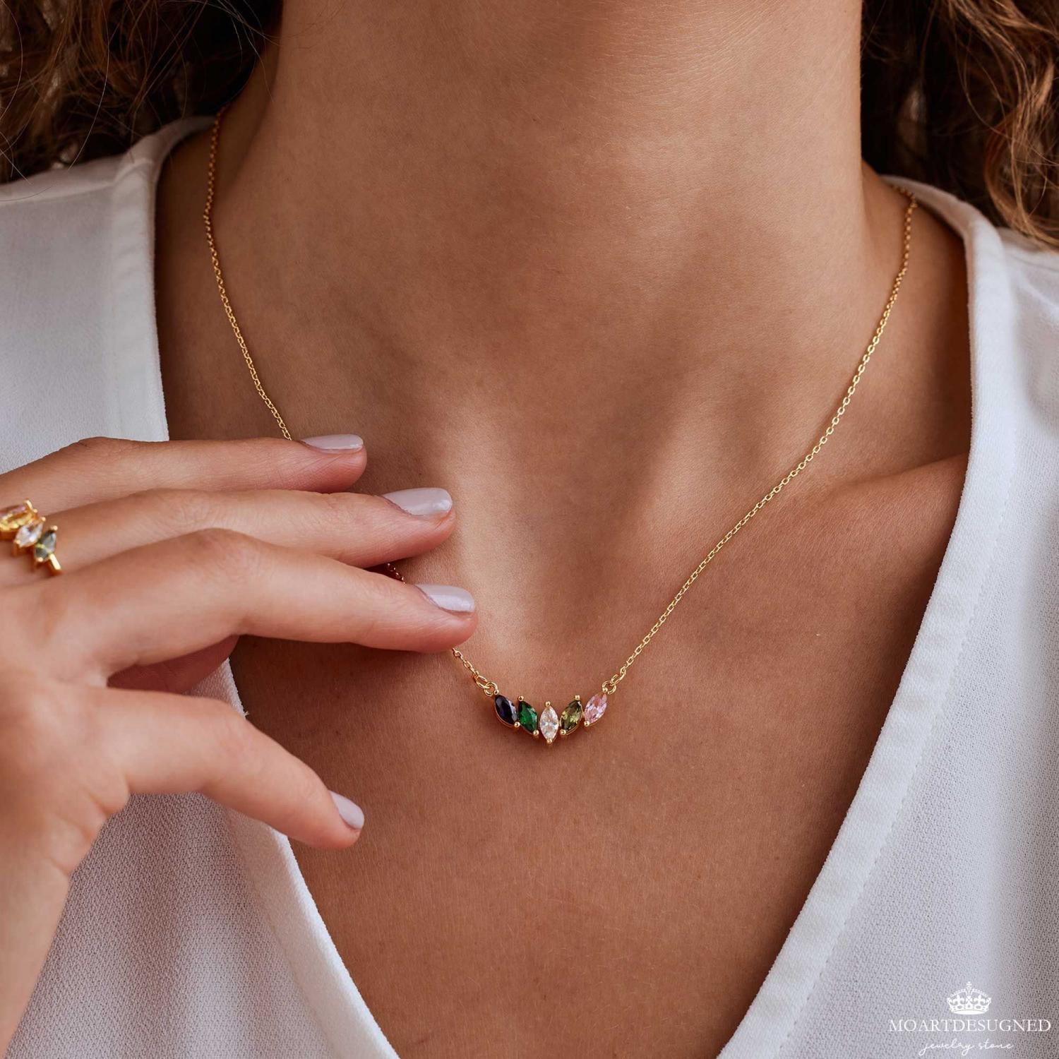 Custom Marquise Birthstone Necklace, 18k Gold Dainty Necklace, Family Gift, Anniversary Gift for Her, Grandma Gift, Christmas Gift for Mom