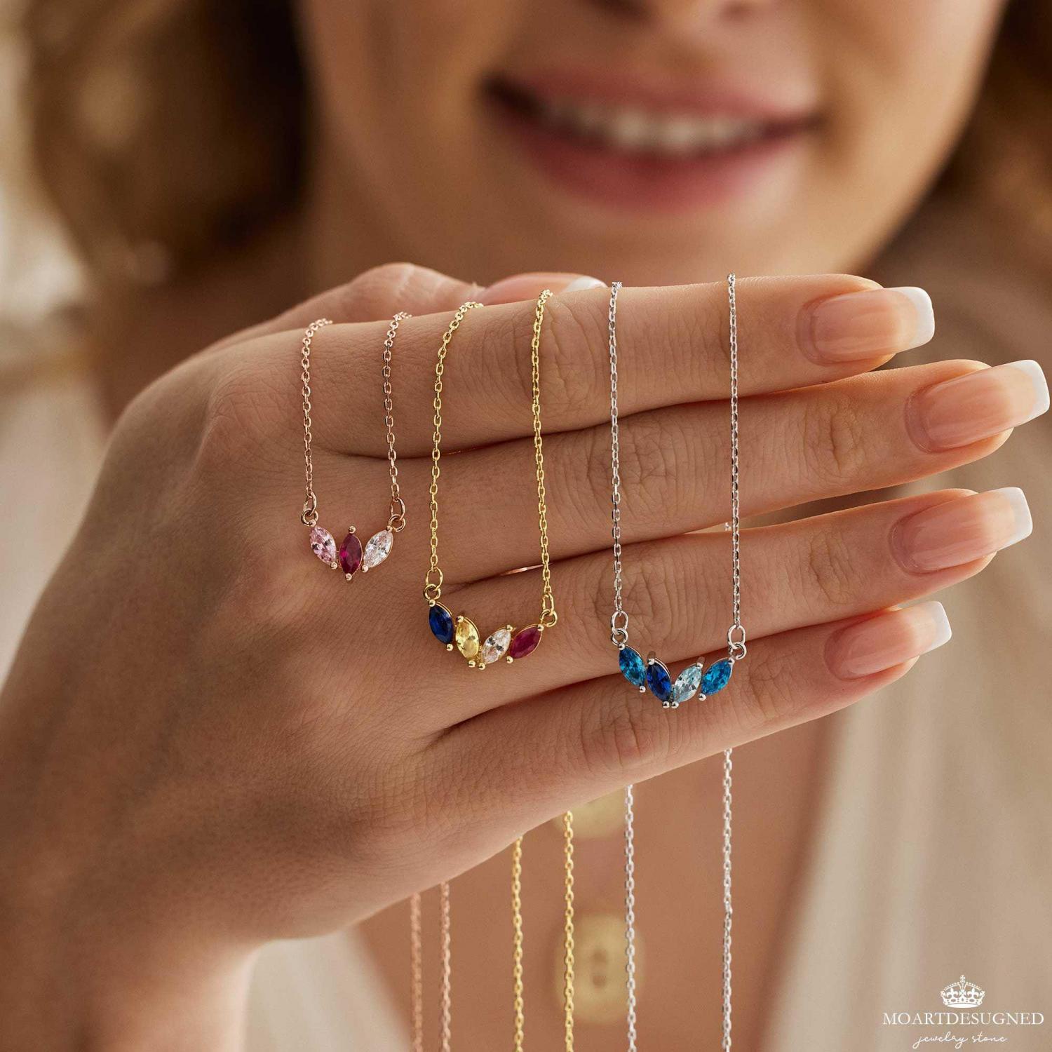 Custom Marquise Birthstone Necklace, 18k Gold Dainty Necklace, Family Gift, Anniversary Gift for Her, Grandma Gift, Christmas Gift for Mom