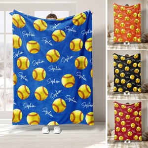 Personalized Softball Blanket, Custom Name Soft Cozy Sherpa Fleece Throw Blankets, Sport Gift for Mom, Daughter, Girl, Kid, Team