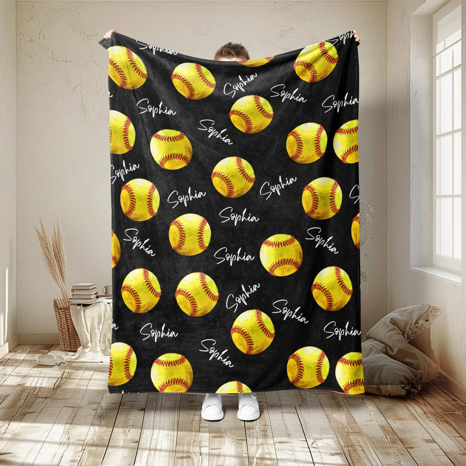 Personalized Softball Blanket, Custom Name Soft Cozy Sherpa Fleece Throw Blankets, Sport Gift for Mom, Daughter, Girl, Kid, Team