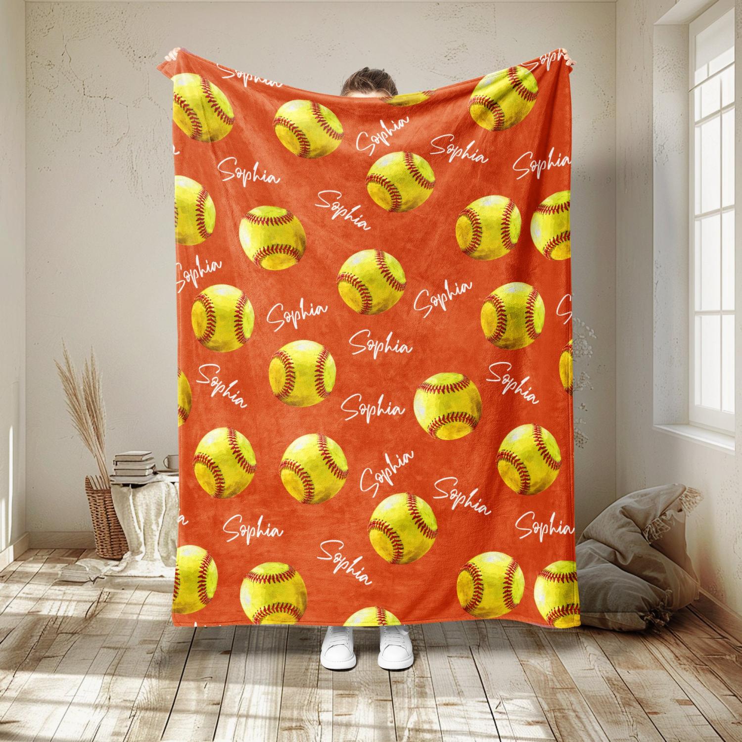 Personalized Softball Blanket, Custom Name Soft Cozy Sherpa Fleece Throw Blankets, Sport Gift for Mom, Daughter, Girl, Kid, Team