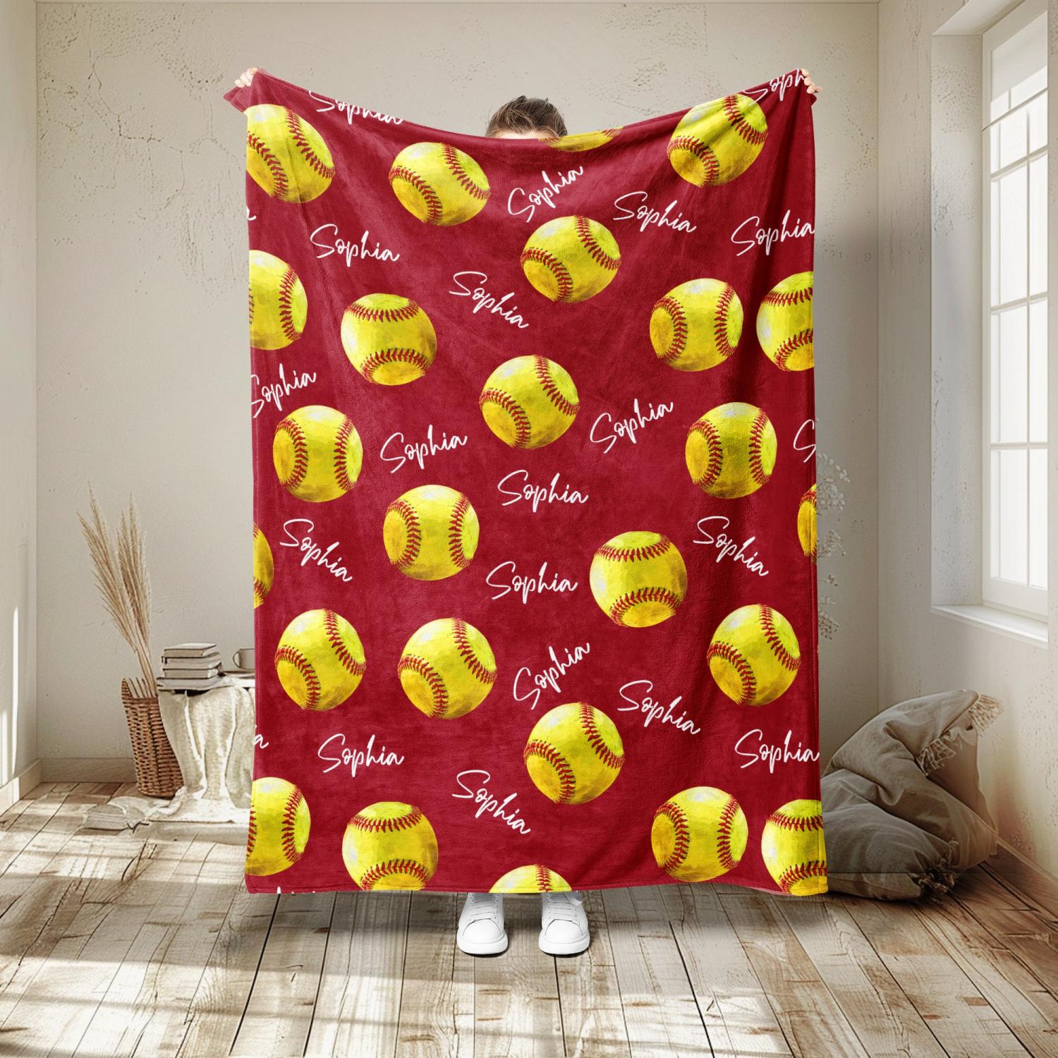Personalized Softball Blanket, Custom Name Soft Cozy Sherpa Fleece Throw Blankets, Sport Gift for Mom, Daughter, Girl, Kid, Team