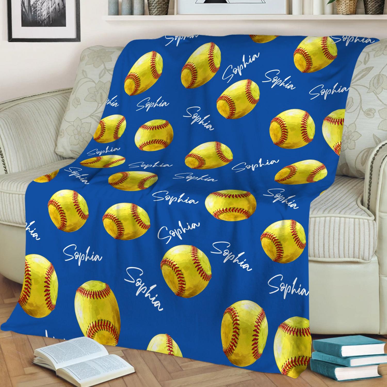 Personalized Softball Blanket, Custom Name Soft Cozy Sherpa Fleece Throw Blankets, Sport Gift for Mom, Daughter, Girl, Kid, Team