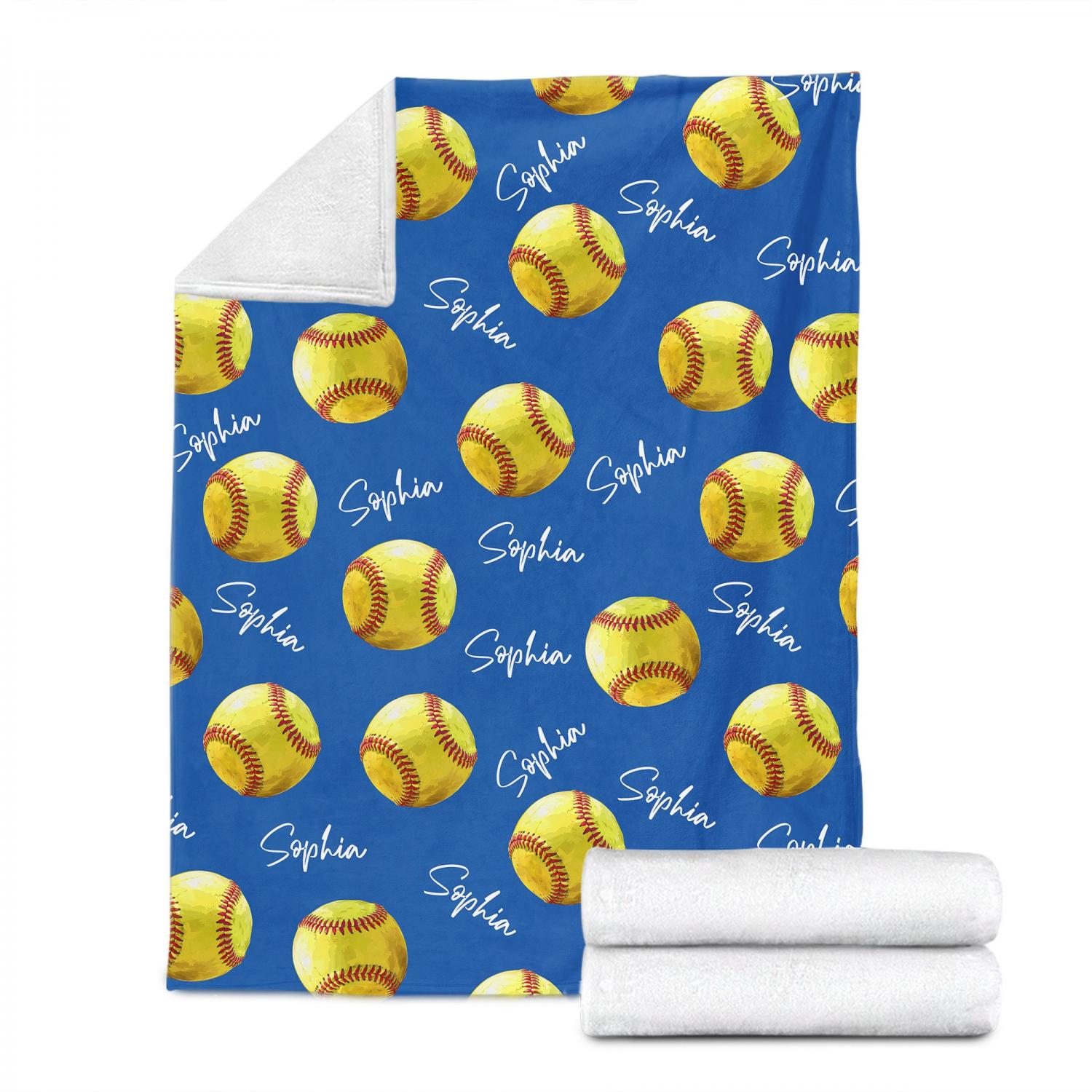 Personalized Softball Blanket, Custom Name Soft Cozy Sherpa Fleece Throw Blankets, Sport Gift for Mom, Daughter, Girl, Kid, Team