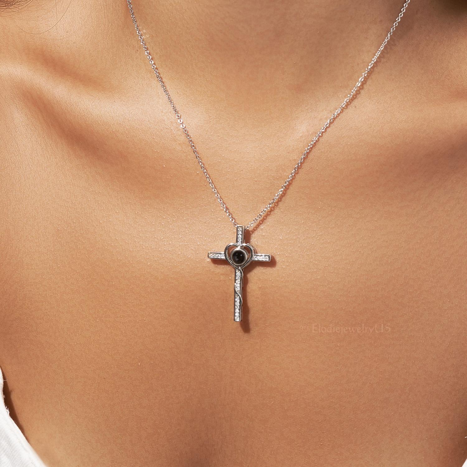 Custom Cross Necklace with Hidden Photo, Projection Necklace, Thoughtful Christian Gift for Mom or Grandma, Memorial Faith Jewelry for Her