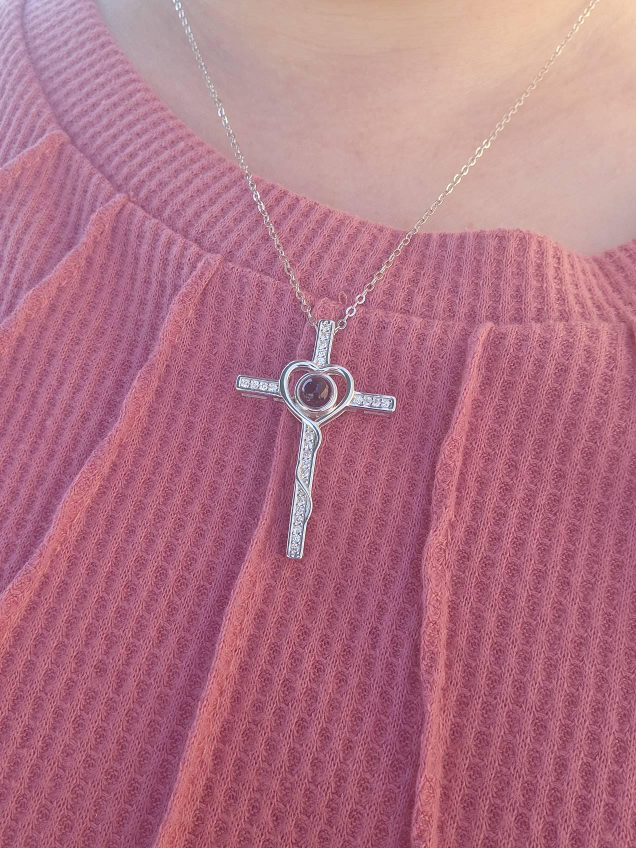 Custom Cross Necklace with Hidden Photo, Projection Necklace, Thoughtful Christian Gift for Mom or Grandma, Memorial Faith Jewelry for Her