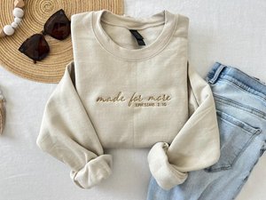 Christian Sweatshirt - "Made for More" Embroidered Crewneck, Bible Verse Ephesians 2:10, Inspirational Faith-Based Apparel