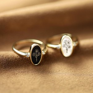 Personalized Birth Flower Ring: Mother of Pearl & Onyx Engraved Oval