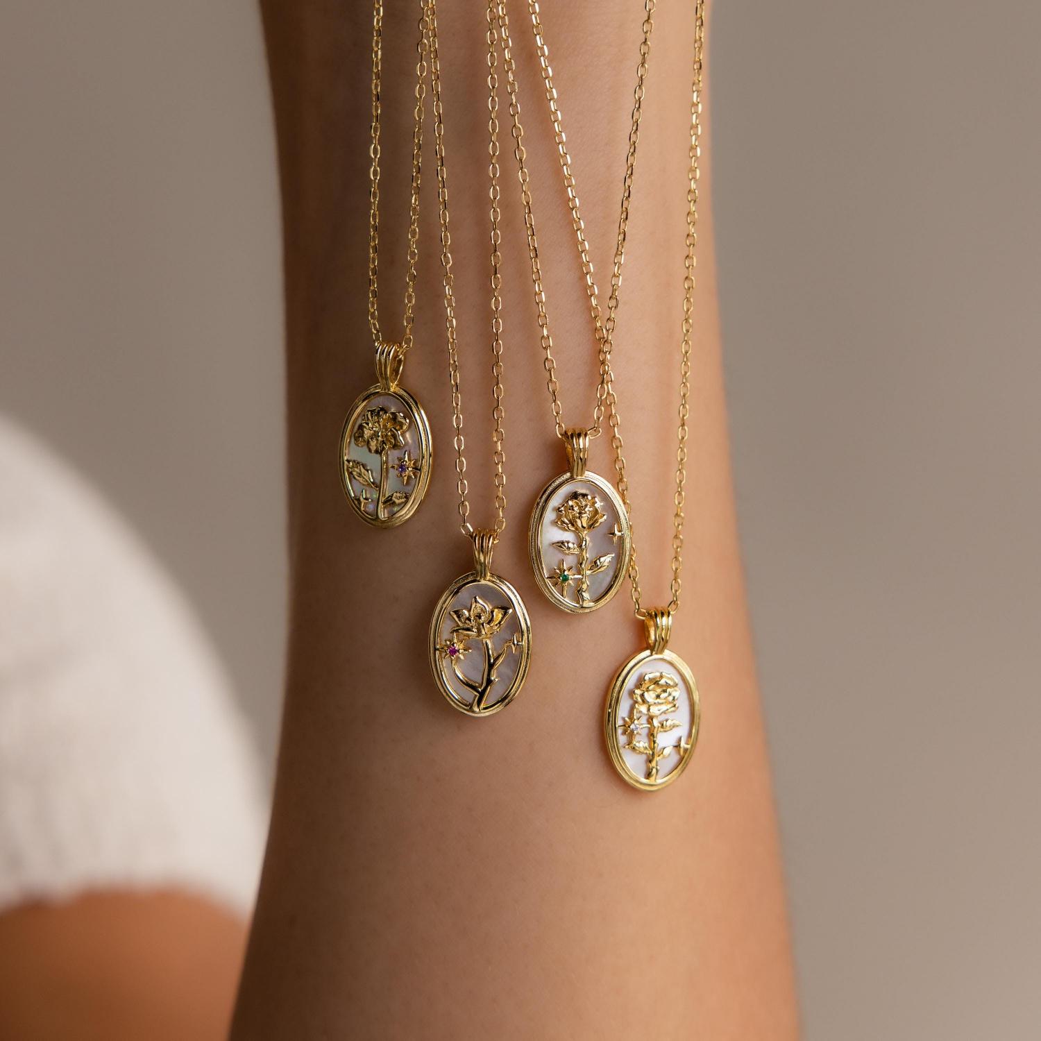 Birth Flower Gemstone Necklace by Caitlyn Minimalist • Oval Flower Pendant Necklace • Friendship Jewelry • Gift for Girlfriend • NR296