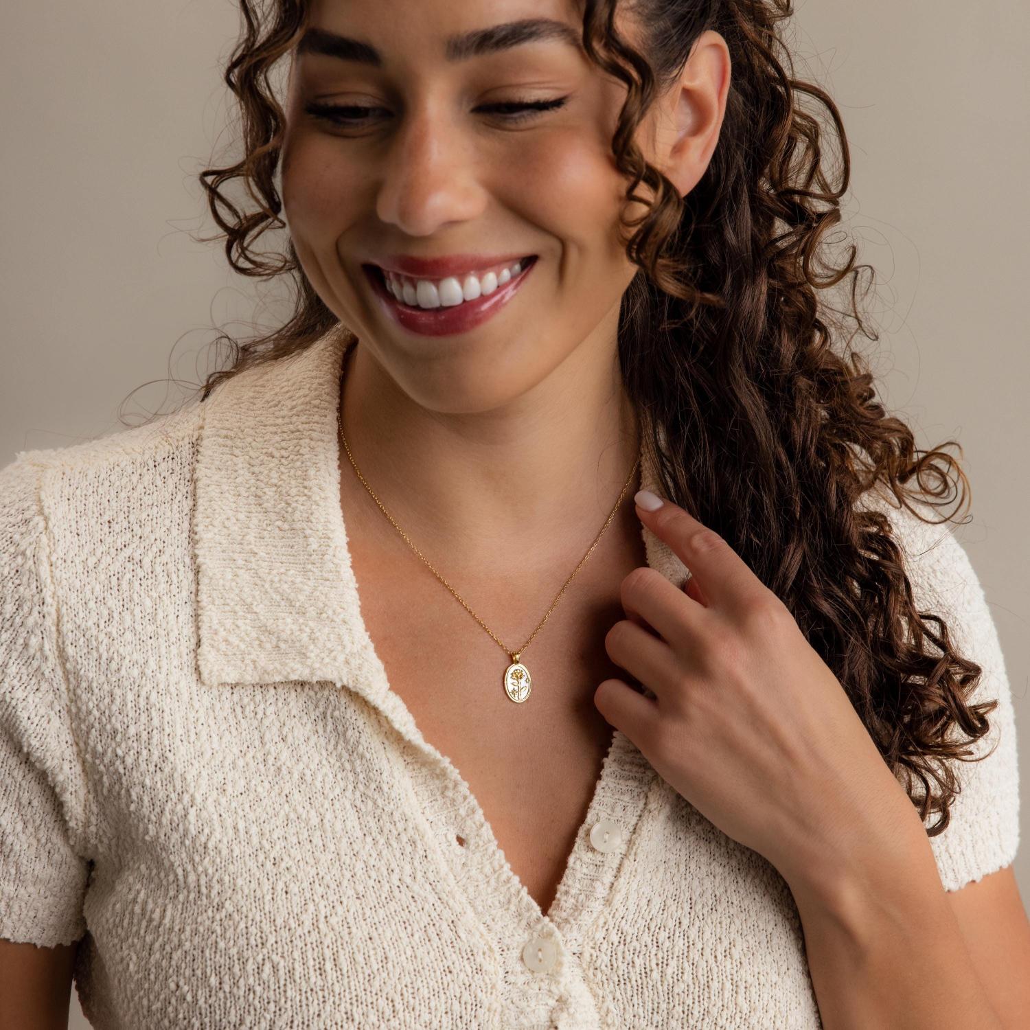 Birth Flower Gemstone Necklace by Caitlyn Minimalist • Oval Flower Pendant Necklace • Friendship Jewelry • Gift for Girlfriend • NR296