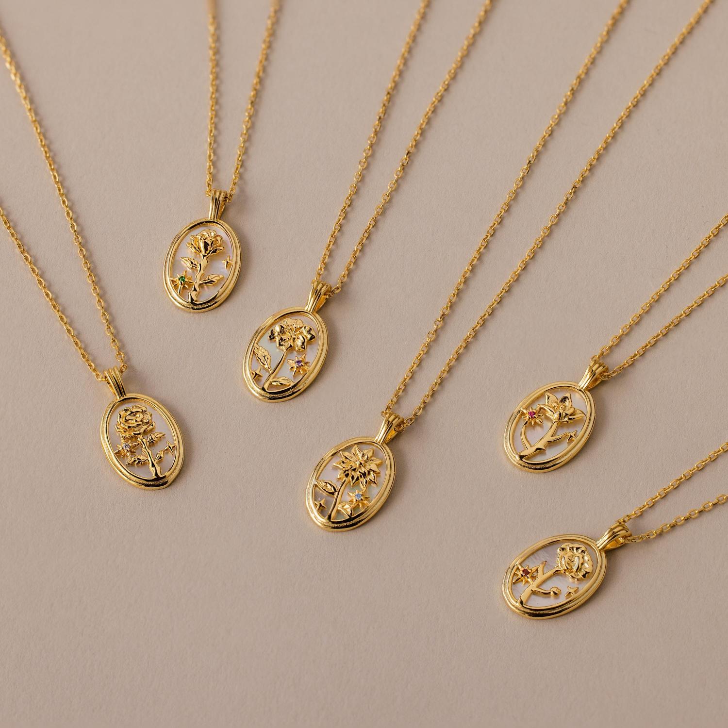 Birth Flower Gemstone Necklace by Caitlyn Minimalist • Oval Flower Pendant Necklace • Friendship Jewelry • Gift for Girlfriend • NR296