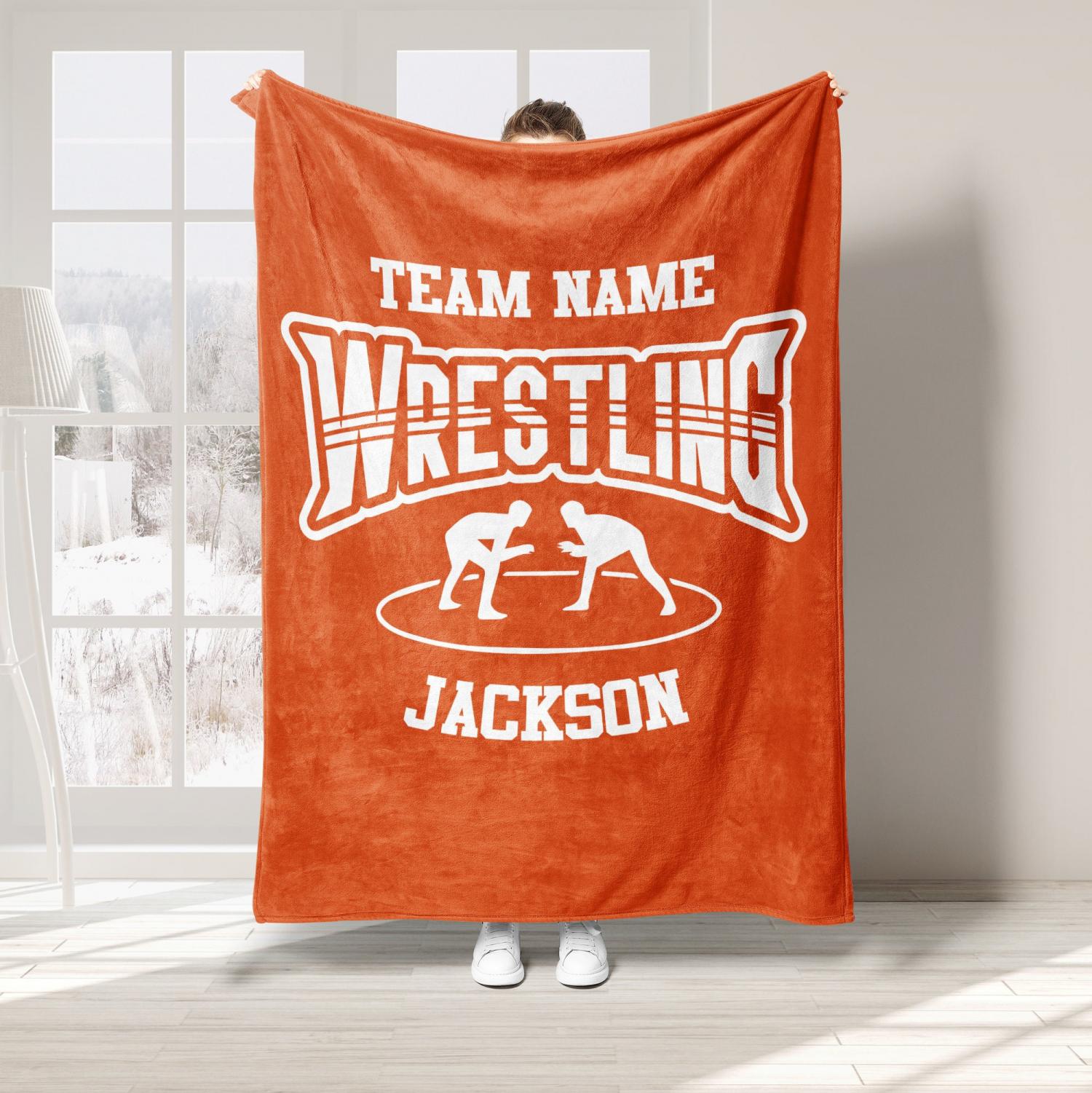 Personalized Wrestling Blanket, Custom Name Soft Cozy Sherpa Fleece Throw Blankets, Sport Gift for Wrestler, Dad, Husband, Son, Team