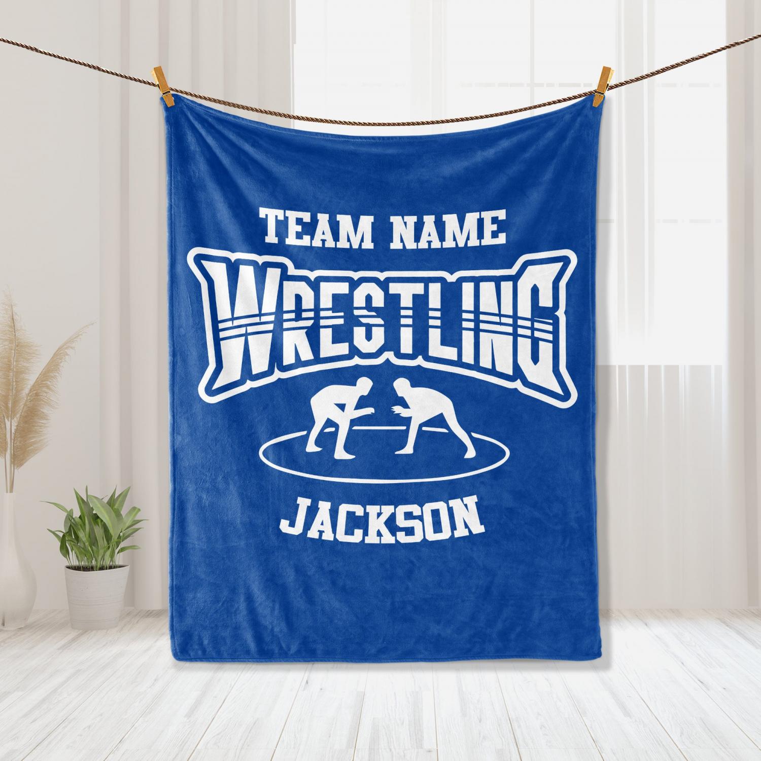 Personalized Wrestling Blanket, Custom Name Soft Cozy Sherpa Fleece Throw Blankets, Sport Gift for Wrestler, Dad, Husband, Son, Team