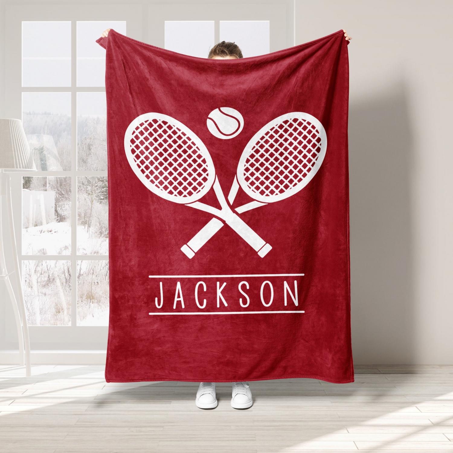 Personalized Tennis Blanket, Custom Name Soft Cozy Sherpa Fleece Throw Blankets, Sport Gift for Dad, Mom, Son, Daughter, Kid, Team