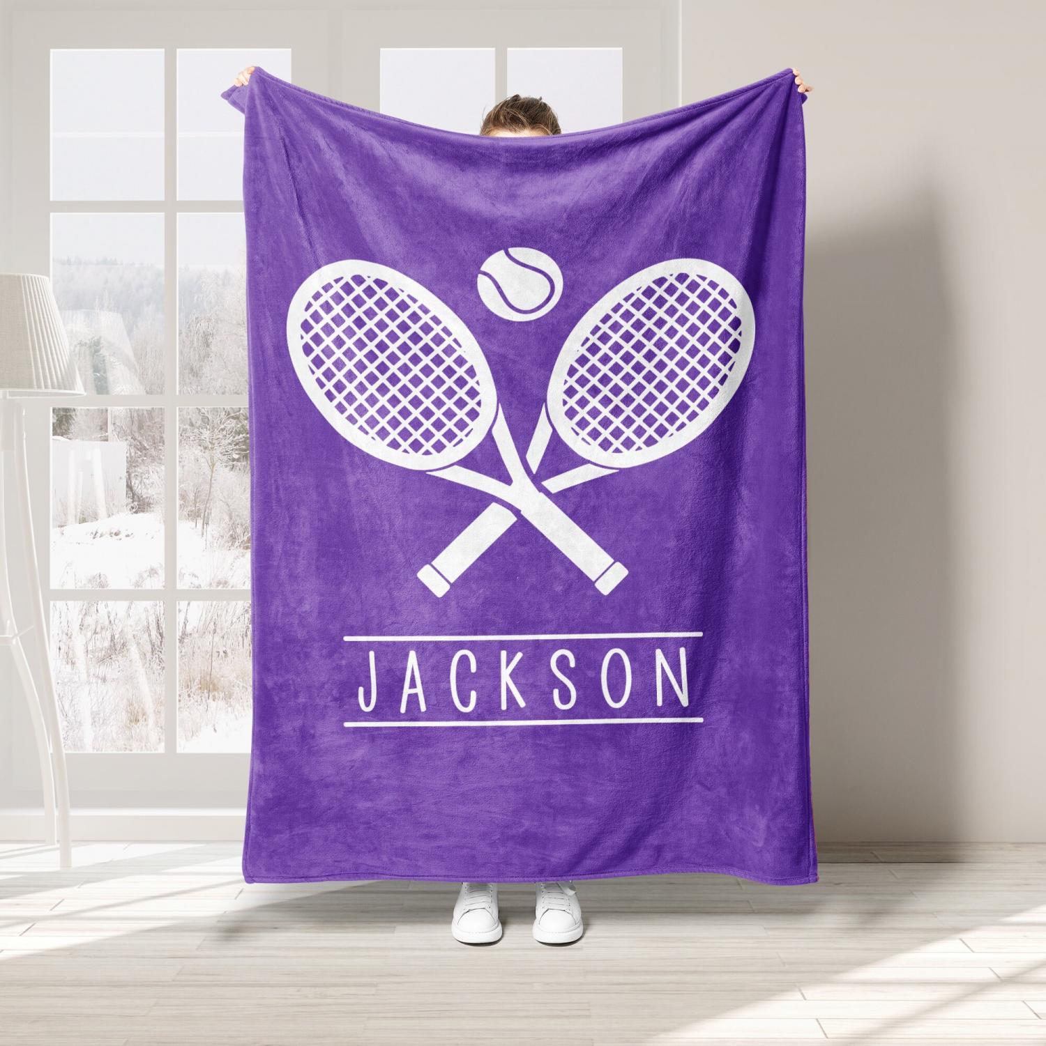 Personalized Tennis Blanket, Custom Name Soft Cozy Sherpa Fleece Throw Blankets, Sport Gift for Dad, Mom, Son, Daughter, Kid, Team