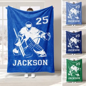 Personalized Hockey Blanket, Custom Name Number Soft Cozy Sherpa Fleece Throw Blankets, Sport Gift for Dad, Son, Boy, Kid, Team