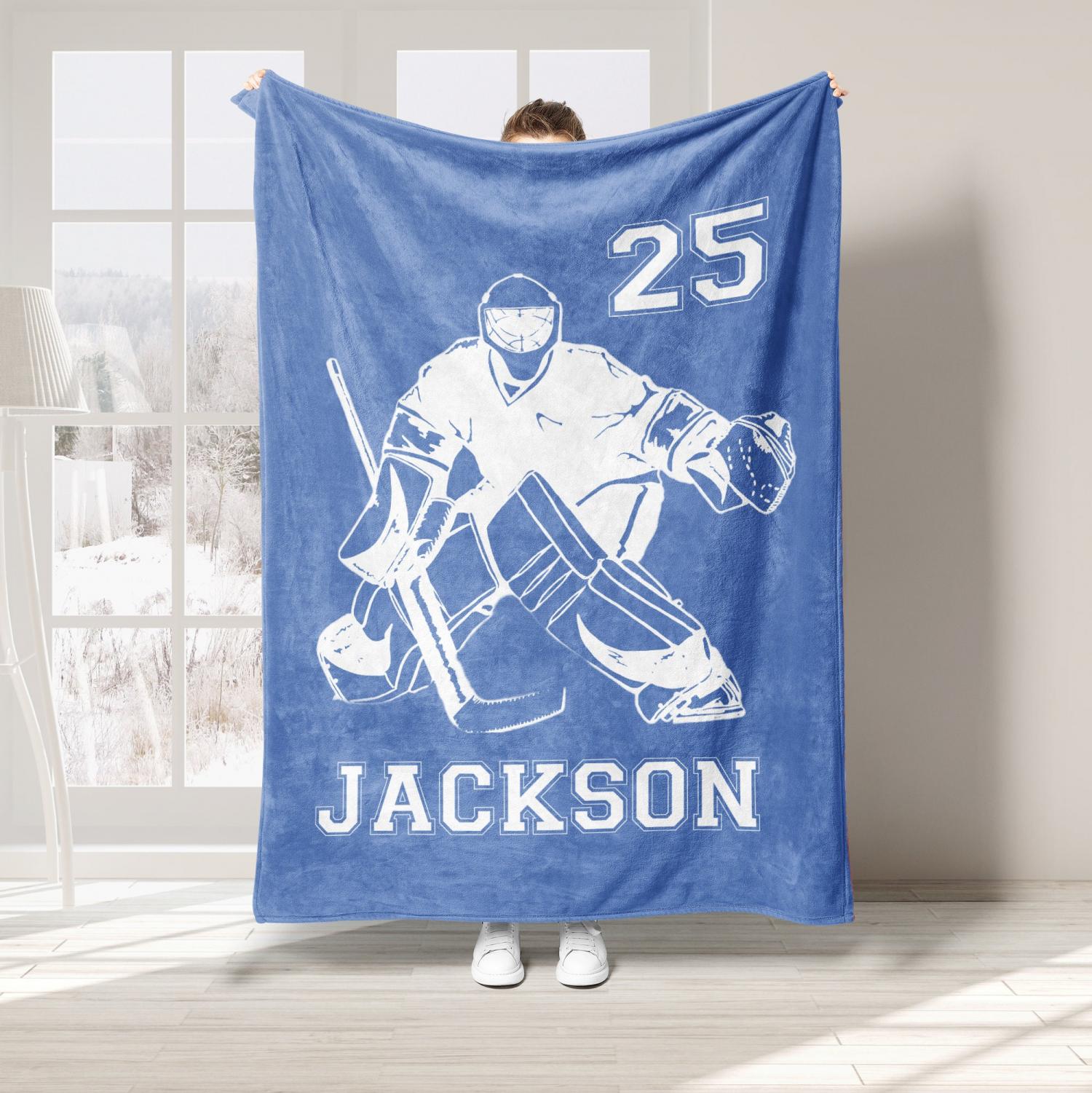 Personalized Hockey Blanket, Custom Name Number Soft Cozy Sherpa Fleece Throw Blankets, Sport Gift for Dad, Son, Boy, Kid, Team