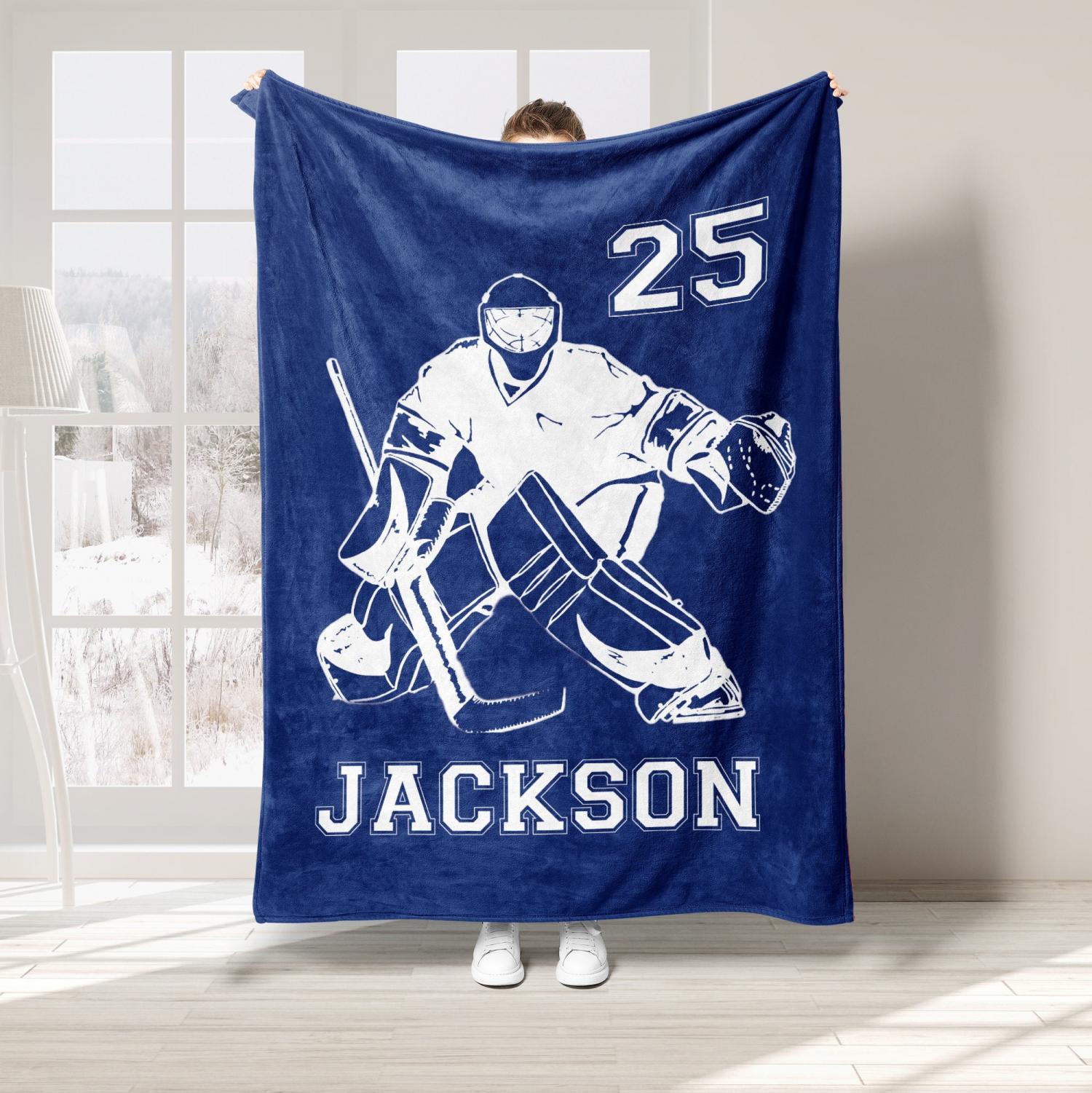 Personalized Hockey Blanket, Custom Name Number Soft Cozy Sherpa Fleece Throw Blankets, Sport Gift for Dad, Son, Boy, Kid, Team