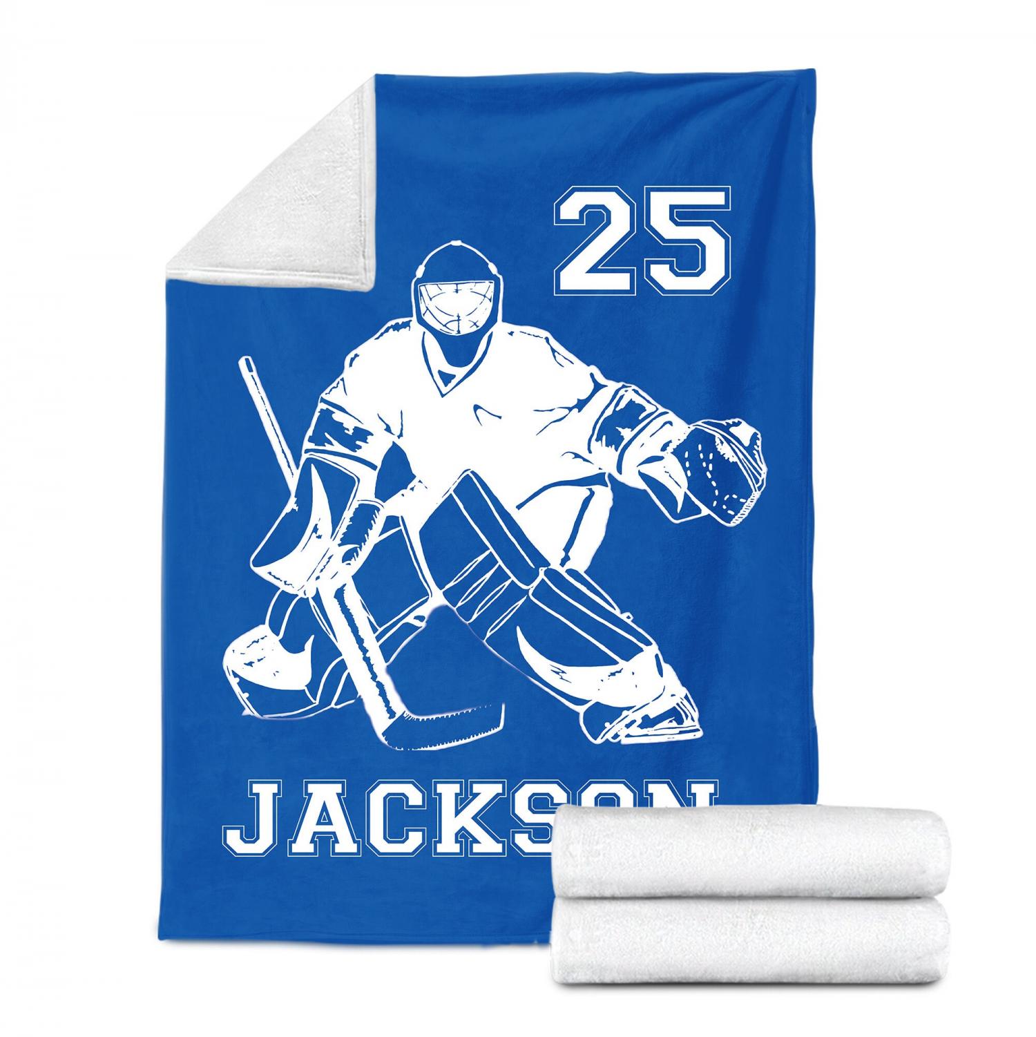 Personalized Hockey Blanket, Custom Name Number Soft Cozy Sherpa Fleece Throw Blankets, Sport Gift for Dad, Son, Boy, Kid, Team