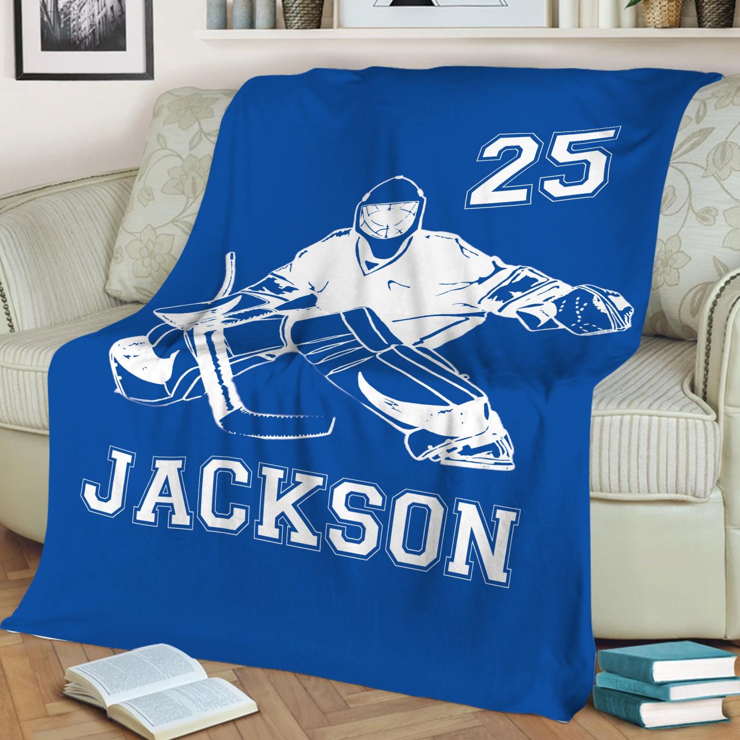 Personalized Hockey Blanket, Custom Name Number Soft Cozy Sherpa Fleece Throw Blankets, Sport Gift for Dad, Son, Boy, Kid, Team