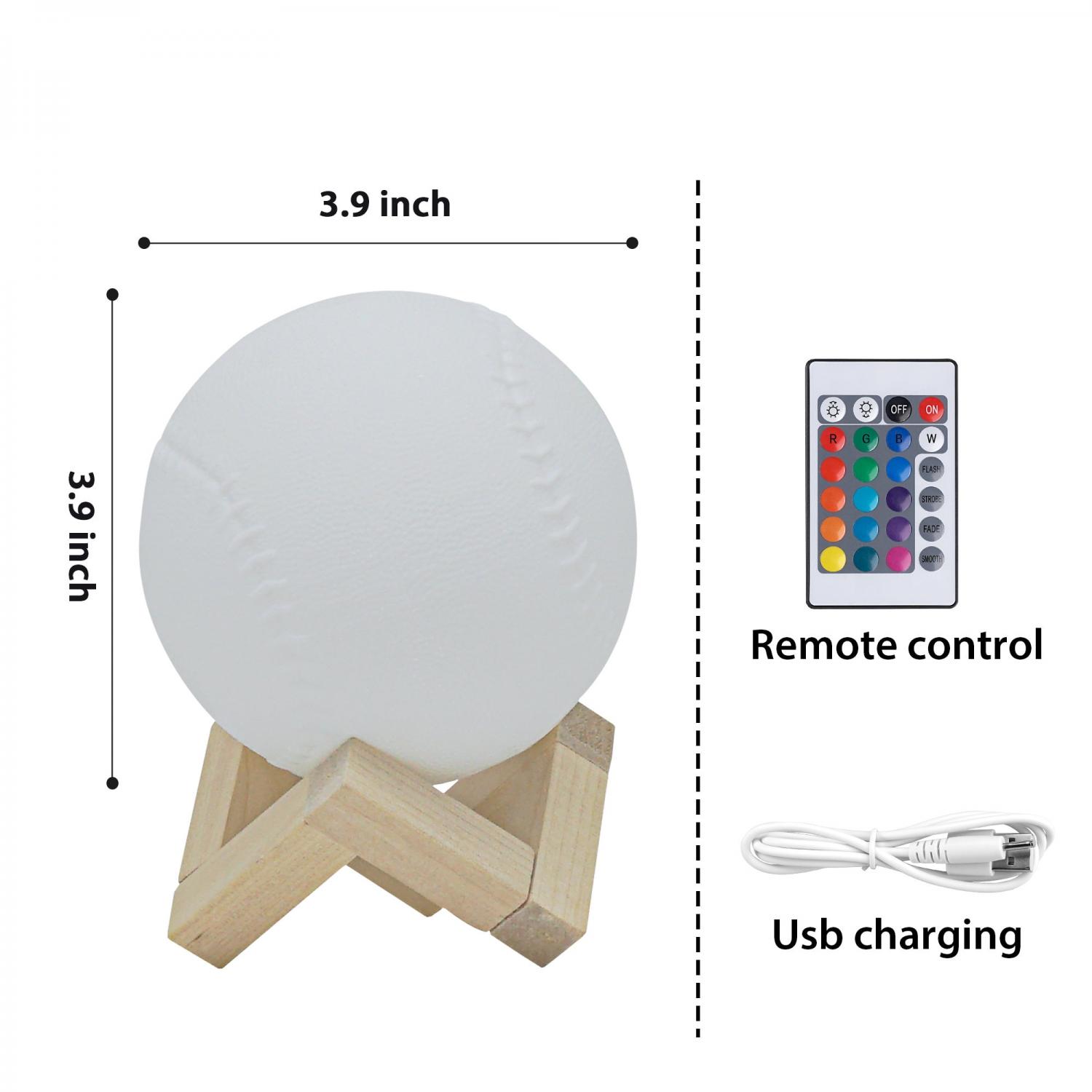 Personalized Baseball 3D Night Light – 16-Color LED, Rechargeable