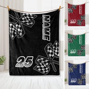 Personalized Racing Blanket, Custom Name Number Soft Cozy Sherpa Fleece Throw Blankets, Sport Gift for Racer,  Dad, Son, Boy, Kid, Team