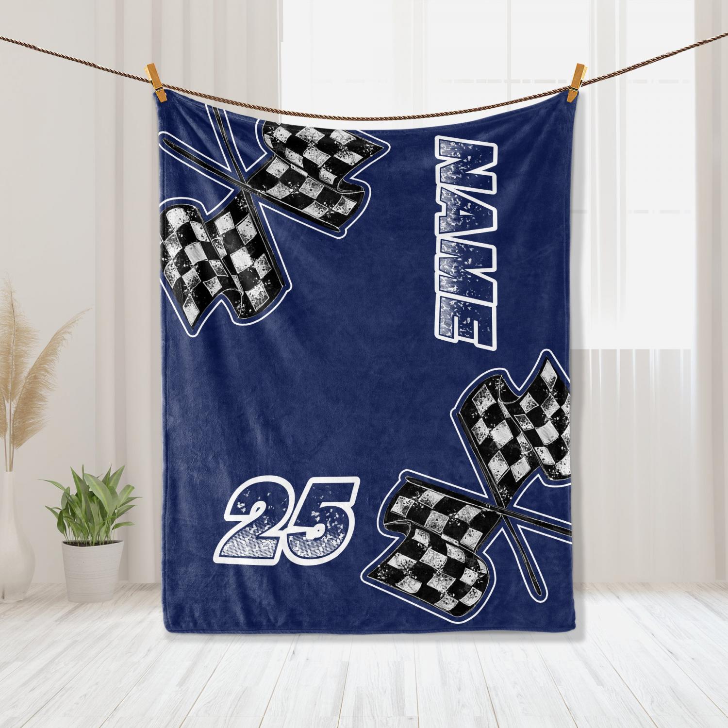 Personalized Racing Blanket, Custom Name Number Soft Cozy Sherpa Fleece Throw Blankets, Sport Gift for Racer,  Dad, Son, Boy, Kid, Team