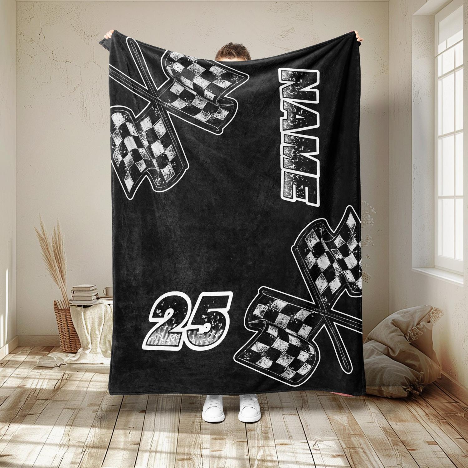 Personalized Racing Blanket, Custom Name Number Soft Cozy Sherpa Fleece Throw Blankets, Sport Gift for Racer,  Dad, Son, Boy, Kid, Team