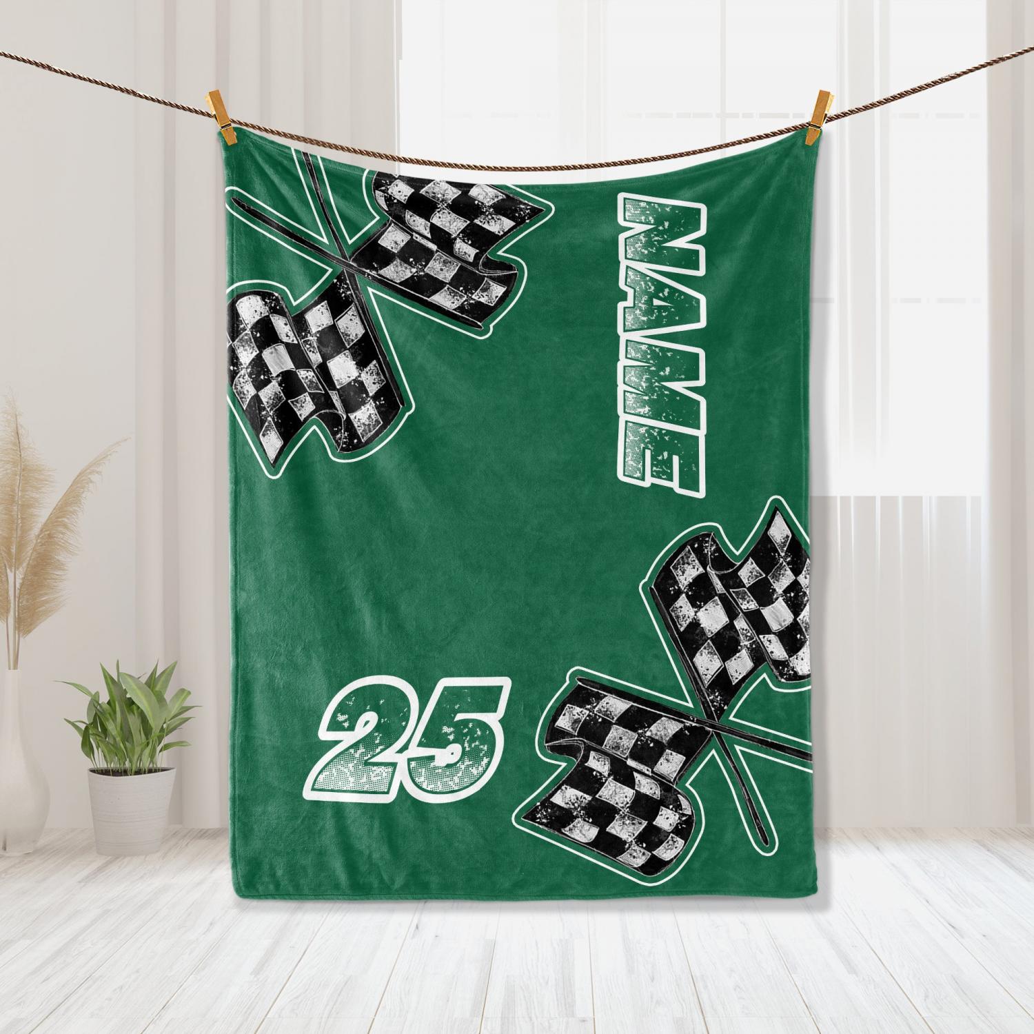 Personalized Racing Blanket, Custom Name Number Soft Cozy Sherpa Fleece Throw Blankets, Sport Gift for Racer,  Dad, Son, Boy, Kid, Team