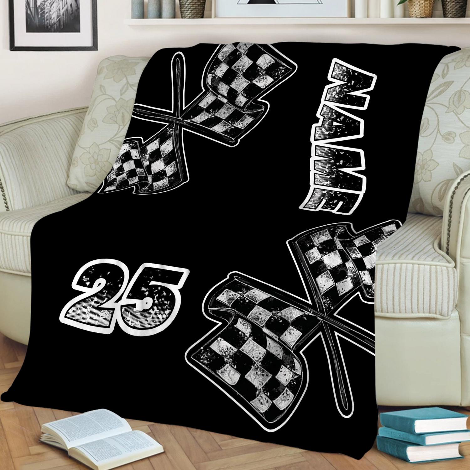 Personalized Racing Blanket, Custom Name Number Soft Cozy Sherpa Fleece Throw Blankets, Sport Gift for Racer,  Dad, Son, Boy, Kid, Team