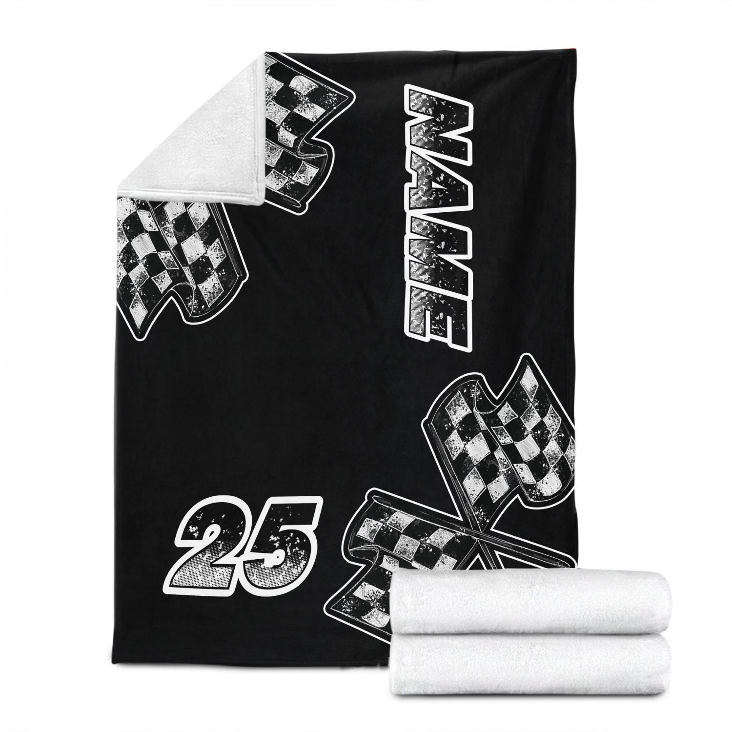 Personalized Racing Blanket, Custom Name Number Soft Cozy Sherpa Fleece Throw Blankets, Sport Gift for Racer,  Dad, Son, Boy, Kid, Team