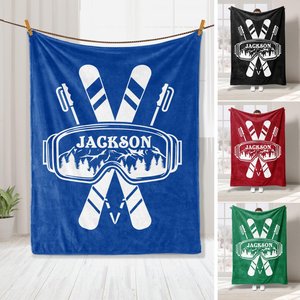 Personalized Skiing Blanket, Custom Name Soft Cozy Sherpa Fleece Throw Blankets, Sport Gift for Skier, Son, Daughter, Kid
