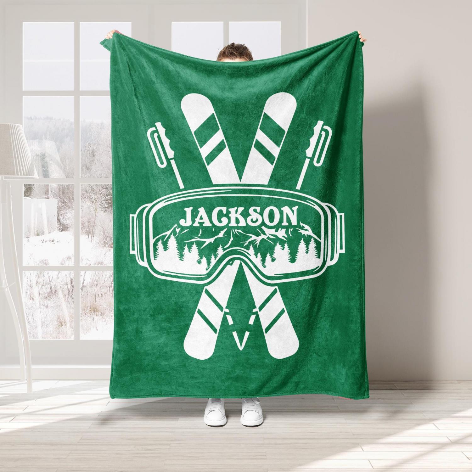 Personalized Skiing Blanket, Custom Name Soft Cozy Sherpa Fleece Throw Blankets, Sport Gift for Skier, Son, Daughter, Kid