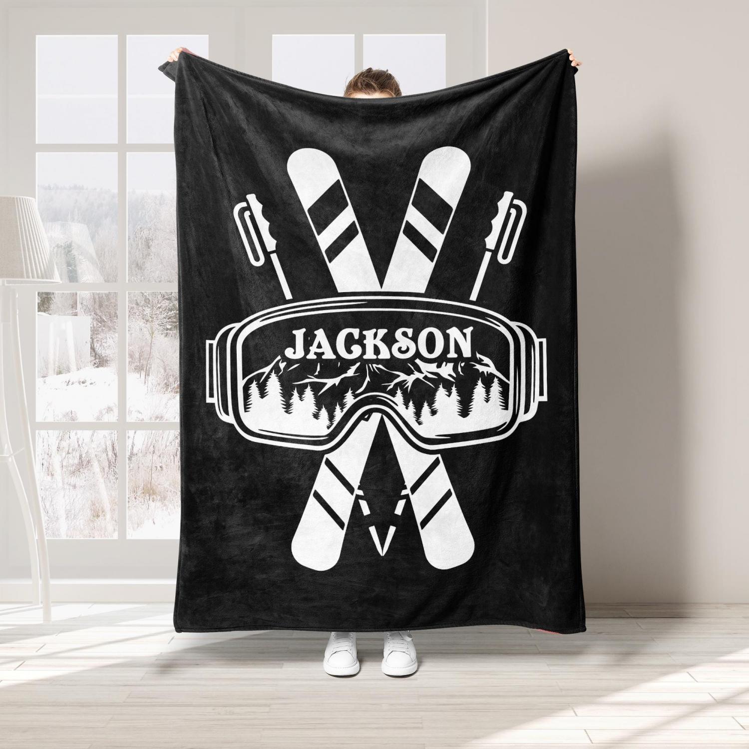 Personalized Skiing Blanket, Custom Name Soft Cozy Sherpa Fleece Throw Blankets, Sport Gift for Skier, Son, Daughter, Kid
