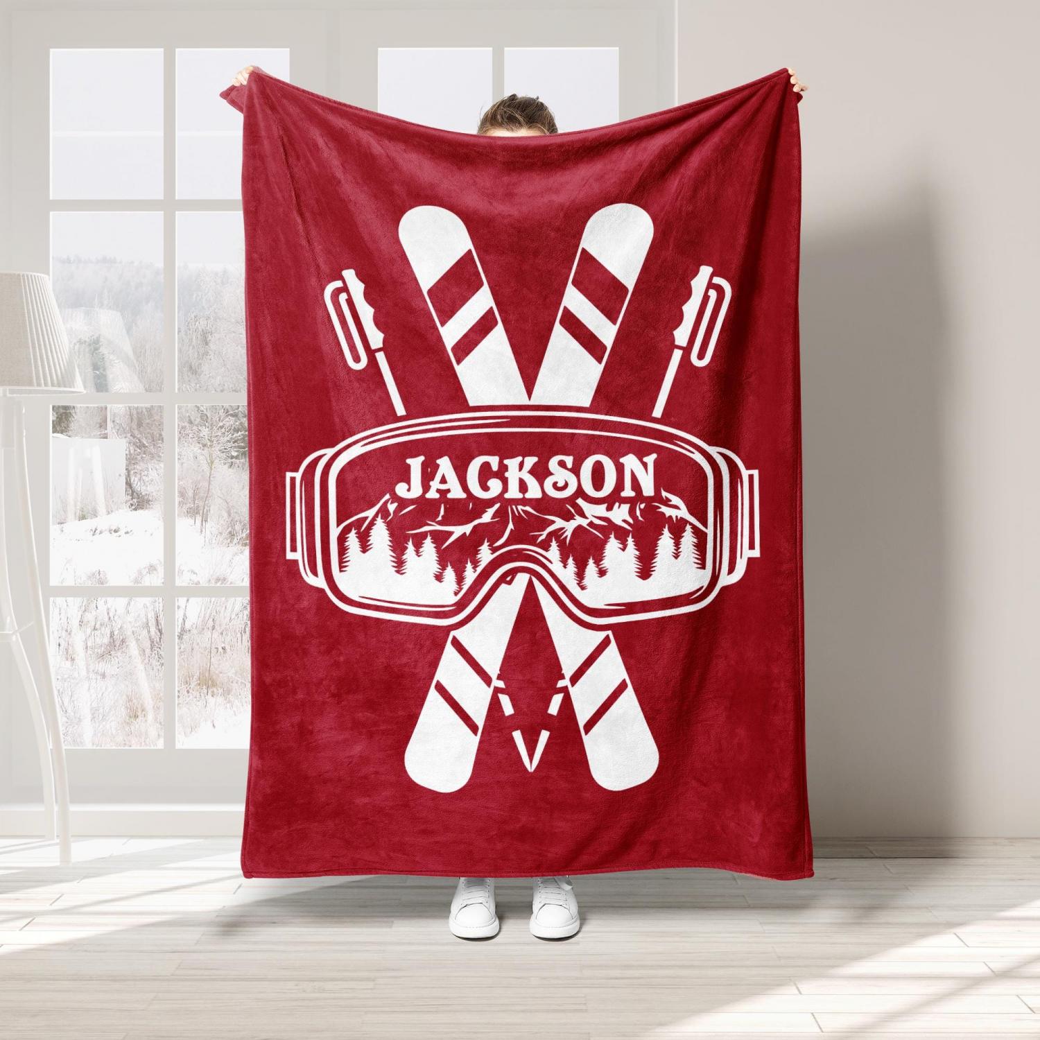 Personalized Skiing Blanket, Custom Name Soft Cozy Sherpa Fleece Throw Blankets, Sport Gift for Skier, Son, Daughter, Kid