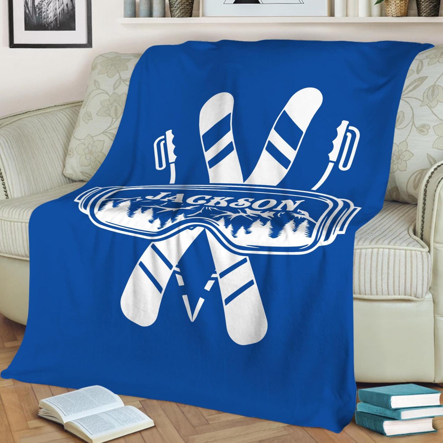 Personalized Skiing Blanket, Custom Name Soft Cozy Sherpa Fleece Throw Blankets, Sport Gift for Skier, Son, Daughter, Kid
