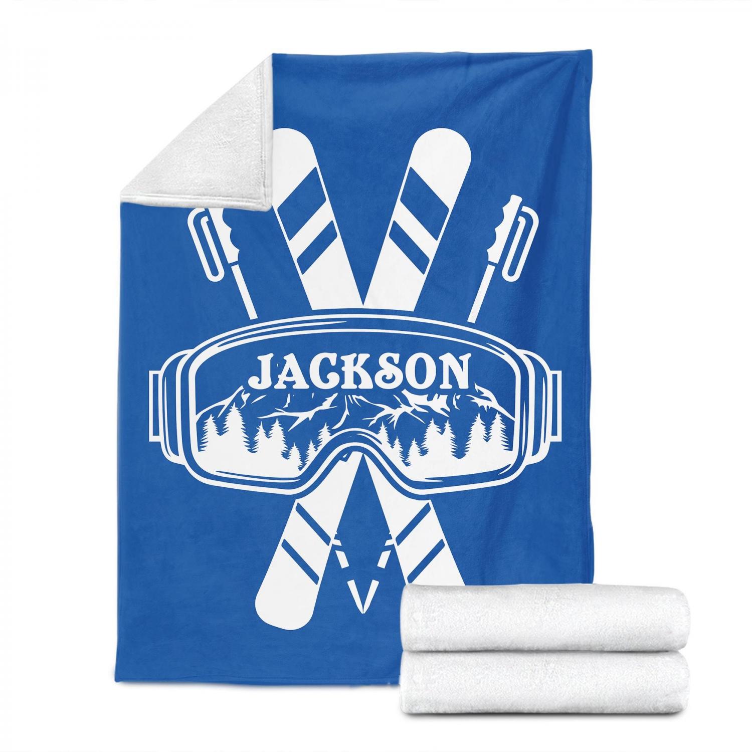 Personalized Skiing Blanket, Custom Name Soft Cozy Sherpa Fleece Throw Blankets, Sport Gift for Skier, Son, Daughter, Kid