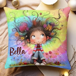 Cartoon Girl Pillow, Custom Name Cushion, Whimsical Kids Room Decor
