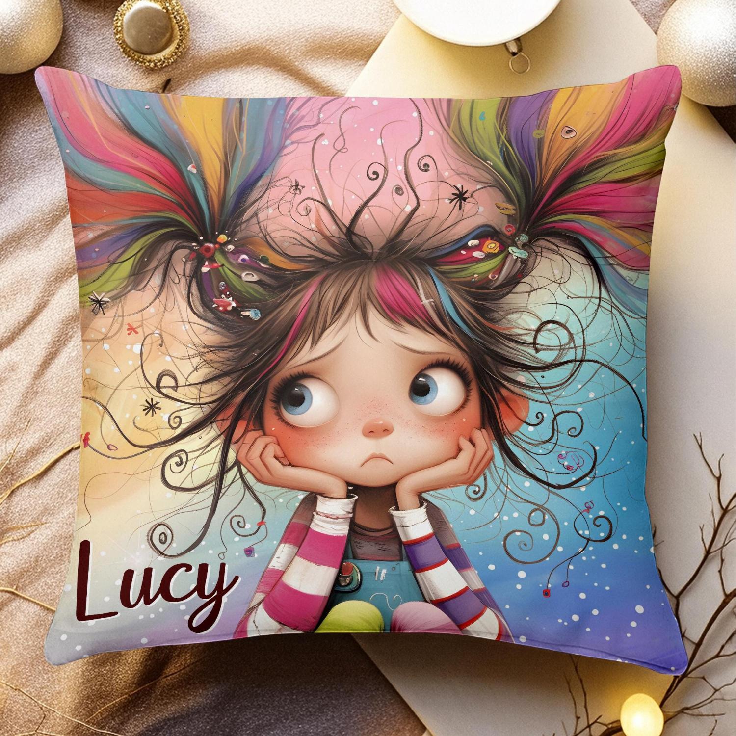 Cartoon Girl Pillow, Custom Name Cushion, Whimsical Kids Room Decor