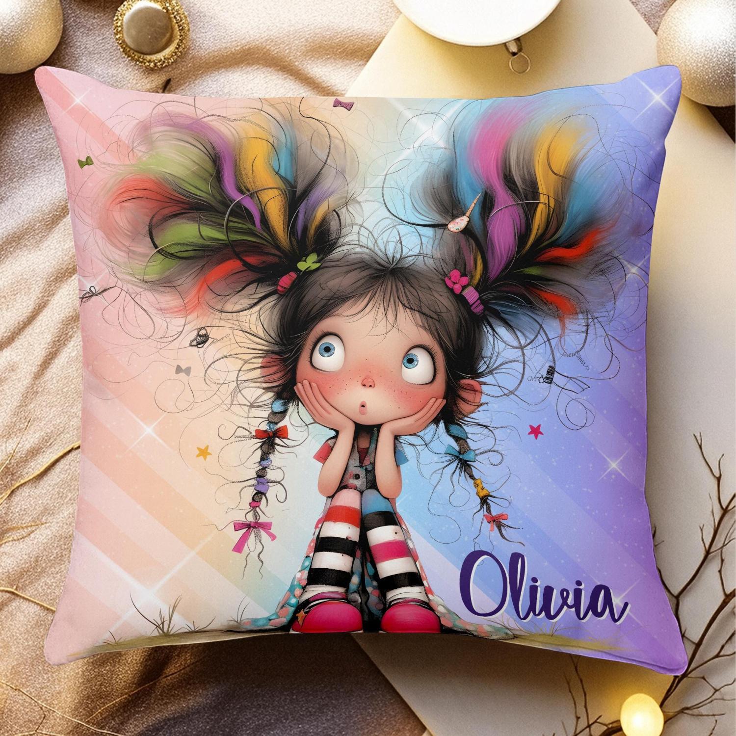 Cartoon Girl Pillow, Custom Name Cushion, Whimsical Kids Room Decor