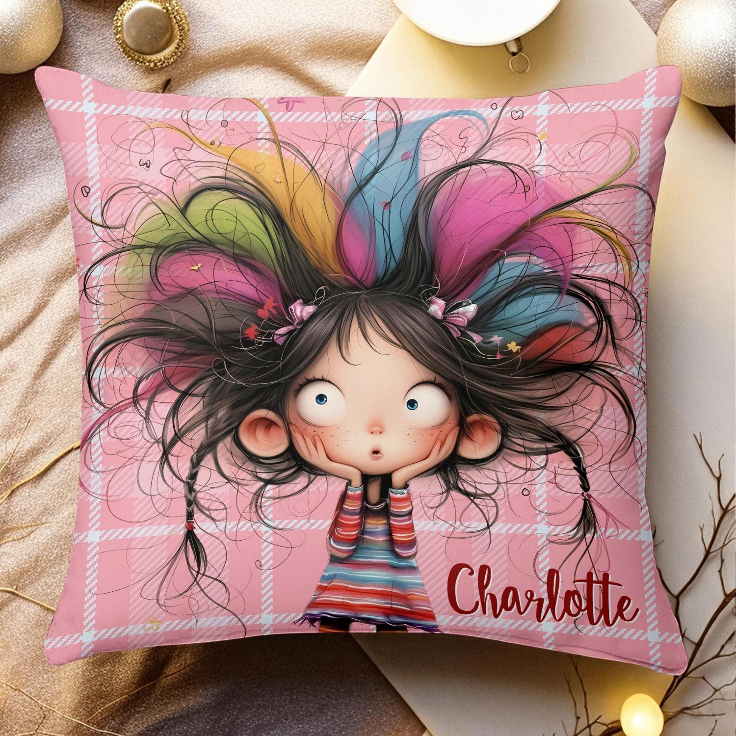 Cartoon Girl Pillow, Custom Name Cushion, Whimsical Kids Room Decor