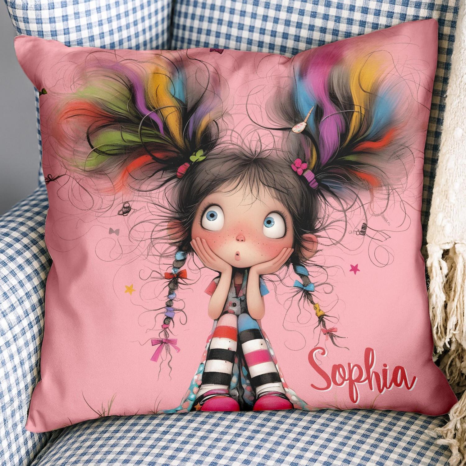 Cartoon Girl Pillow, Custom Name Cushion, Whimsical Kids Room Decor
