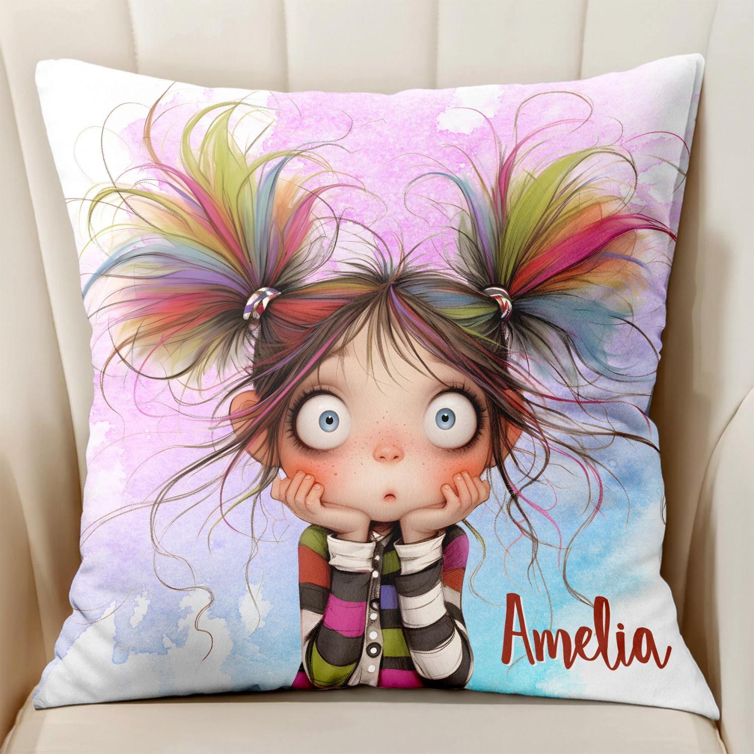 Cartoon Girl Pillow, Custom Name Cushion, Whimsical Kids Room Decor