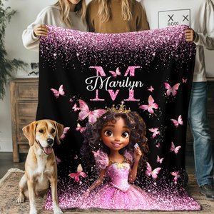 Personalized Black African American Princess Blanket, Custom Girl Name, Xmas Gift