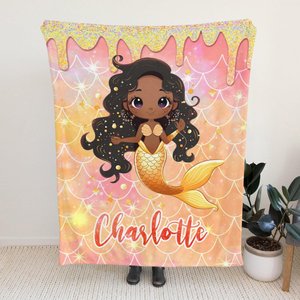Personalized Afro Mermaid Blanket: Black Girl Fleece Throw
