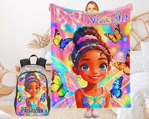 Personalized Afro Black Girl Flannel Blanket,Custom Name Throw,Kids Backpack