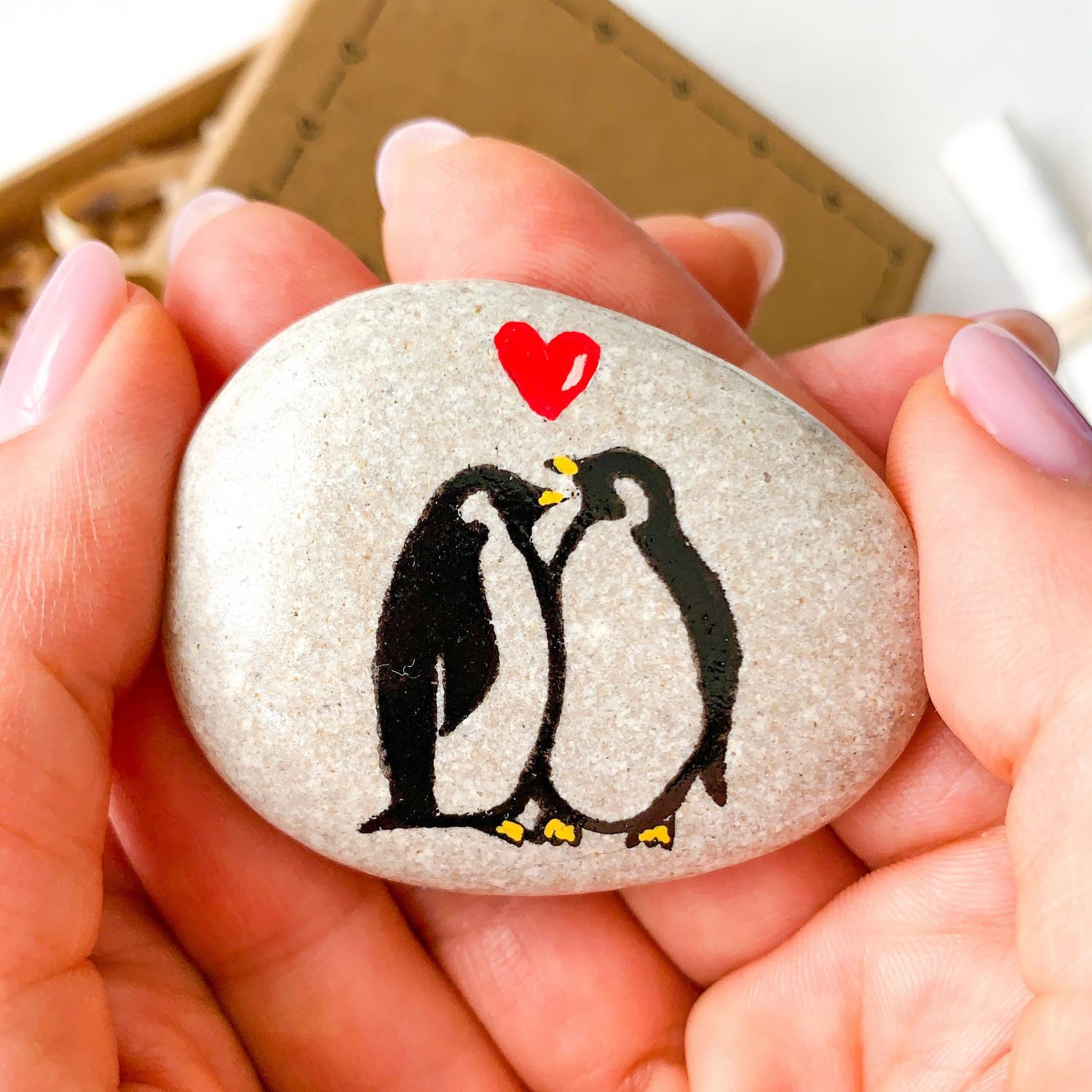 Personalised penguin pebble Romantic gift for girlfriend, boyfriend, I love you card, Small funny anniversary gifts for husband wife him her