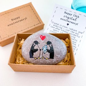 Personalized 15th wedding anniversary gift for husband, wife - Unique traditional Crystal anniversary present - Hand-painted Penguin rock