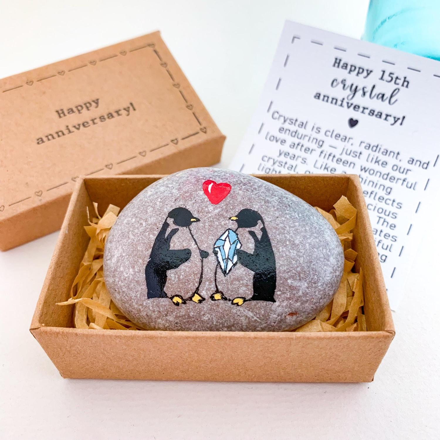Personalized 15th wedding anniversary gift for husband, wife - Unique traditional Crystal anniversary present - Hand-painted Penguin rock