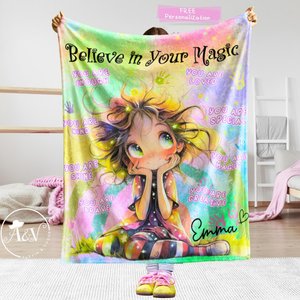 Personalized You are Girls Affirmation Blanket, Custom Name Doodle Throw, Pastel Rainbow Teen Gift, Encouragement Blanket For Daughter